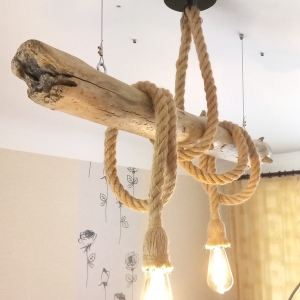 Floating Driftwood Chandelier, 2.9 Ft Long Unique Pendant Light, Rustic Beach Lamp, Hanging Rope Ceiling Light, Coastal Light Fixture