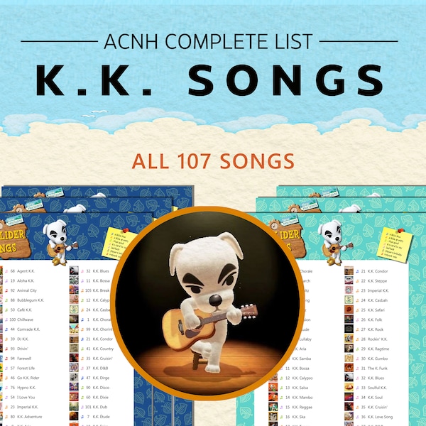 Animal Crossing K.K Slider Song checklist and tracker, New Horizons 2.0 update, printable PDF, instant download
