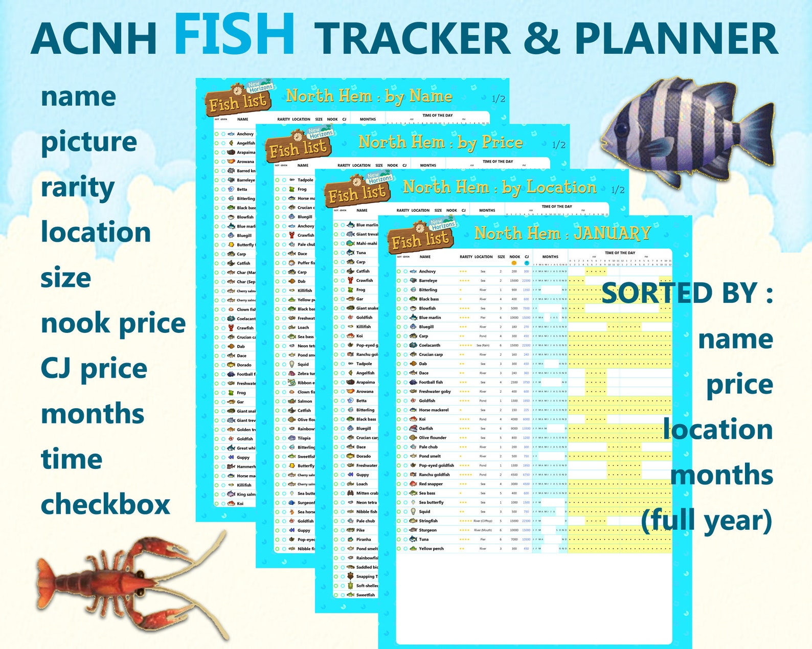 Animal Crossing New Horizons printable fish checklist planner Etsy