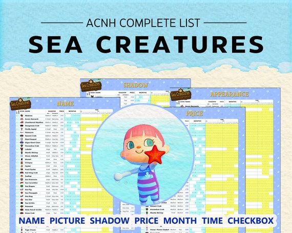 Animal Crossing Sea Creatures Northern Hemisphere Checklist - Etsy