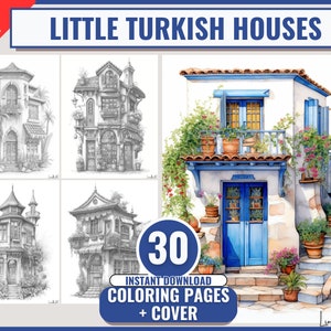 30 Little Turkish Houses Coloring Book with Cover - Adults Kids Coloring Pages, , Printable PDF, Instant Download, Grayscale Coloring Book