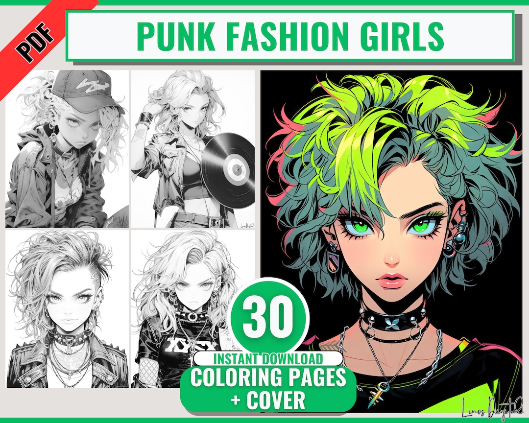 30 Anime Punk Girls Adult Coloring Book Punk Fashion Coloring Pages