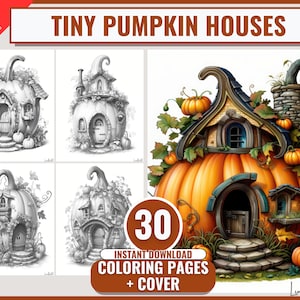 30 Pumpkin Houses Grayscale Coloring Pages for Adults, Kids, Instant Download, Dark/Light Versions, Printable PDF, Halloween Coloring