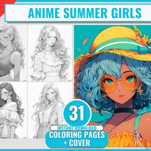 31 Anime Summer Girls Adult Coloring Book Summer Coloring Pages, Printable PDF JPG,Grayscale Fantasy Anime Manga Coloring,Digital Download