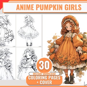 30 Anime Pumpkin Girls Adult Coloring Book Anime Halloween Coloring Pages,Printable PDF JPG,Grayscale Manga Girl with Dress,Digital Download