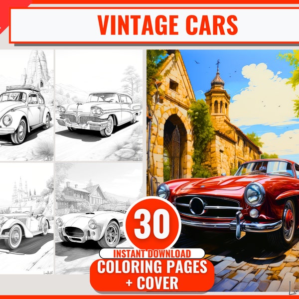 30 Vintage Classical Cars Adult Coloring Book,Antique Classic Cars Coloring Pages,Printable PDF,Fantasy Grayscale Coloring, Digital Download