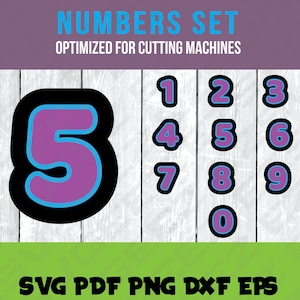 Könnte beinhalten: Ein Satz violetter und blauer Zahlen mit schwarzem Umriss, optimiert für Schneidemaschinen. Die Zahlen umfassen 0 bis 9. Das Bild enthält den Text "NUMBERS SET" und "OPTIMIZED FOR CUTTING MACHINES".