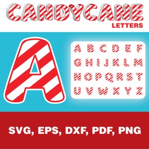 May include: Candy cane alphabet letters in red and white stripes. The letters are in a 3D style and are perfect for crafting projects. The letters are available in SVG, EPS, DXF, PDF, and PNG formats.