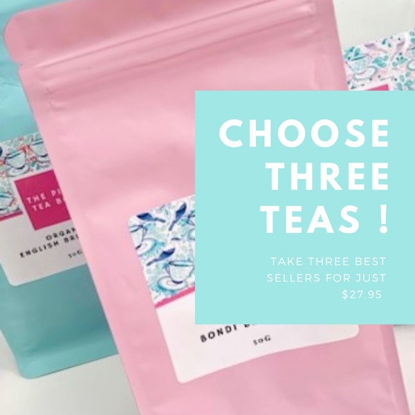 Three Teas,  tea gift, organic loose leaf tea, herbal tea, English breakfast tea, earl grey tea, sleepy tea, detox tea, tea lover, chai