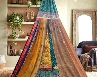 Ręcznie robiony baldachim na sari w stylu vintage – indyjski namiot jedwabny w stylu boho do medytacji