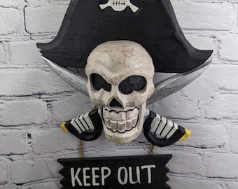 Keep Out Pirate Wooden Door Sign Skull and Cross Bones Jolly Roger