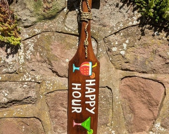 Hand Painted Tiki Bar Sign: Happy Hour Paddle Design