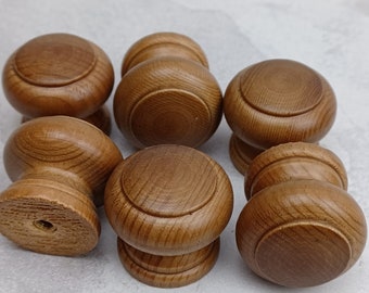 Solid Pine Knobs Set 6 Autumn Finish 30mm Diameter Mushroom Style