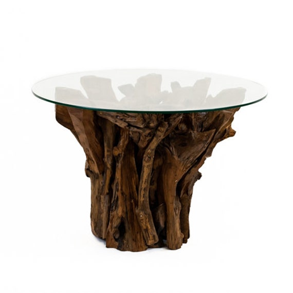 Round Coffee Table Teak Root Glass Topped