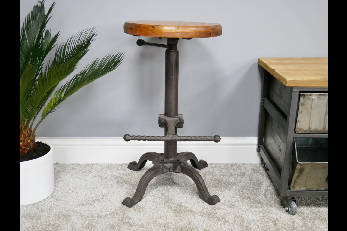 Industrial Bar Stool Cast Iron Base Reclaimed Adjustable Etsy