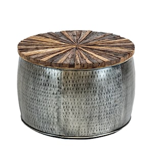 Drum Coffee table reclaimed steel wood topped