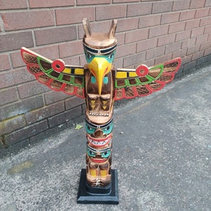 Totem pole carved wood 65cm hand painted