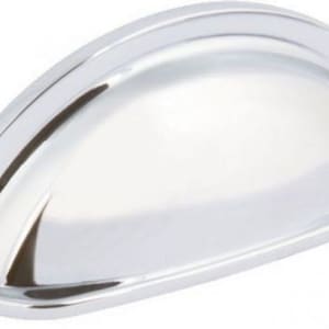 May include: A polished chrome cabinet pull with a curved, rounded shape. The pull is designed for use on drawers and cabinets.