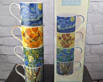 Vincent Van Gogh Mugs, Set of 4, Fine China Coffee or Tea Cups Stacking Mugs in Gift Box