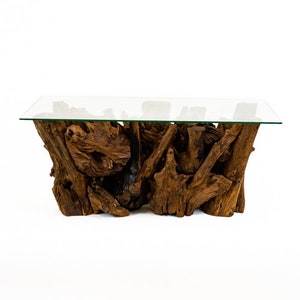 Teak root coffee table glass topped 120cm