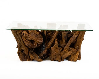 Teak root coffee table glass topped 120cm