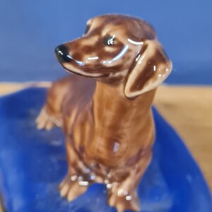 Puede incluir: Una figurita de dachshund marr&oacute;n y blanco sentada sobre una base azul. La figurita est&aacute; hecha de cer&aacute;mica y tiene un acabado brillante.