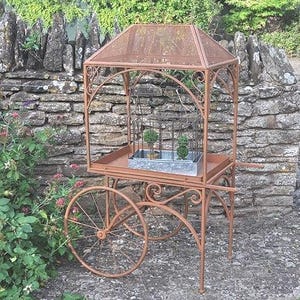 Puede incluir: Un carro de jard&iacute;n de metal oxidado con una parte superior de jaula decorativa. El carro tiene una sola rueda y un estante de madera. El carro est&aacute; decorado con volutas y tiene un aspecto r&uacute;stico.