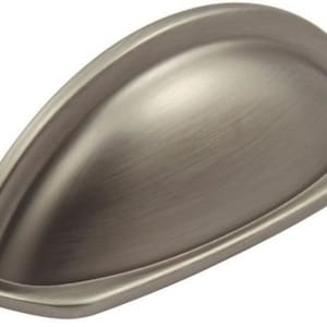 May include: A brushed nickel cabinet pull with a curved, rounded shape. The pull has a smooth, satin finish.
