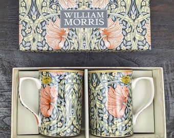 Mugs, Pimpernel, by William Morris Fine China Coffee or Tea Cups Set of 2 in Gift Boxes