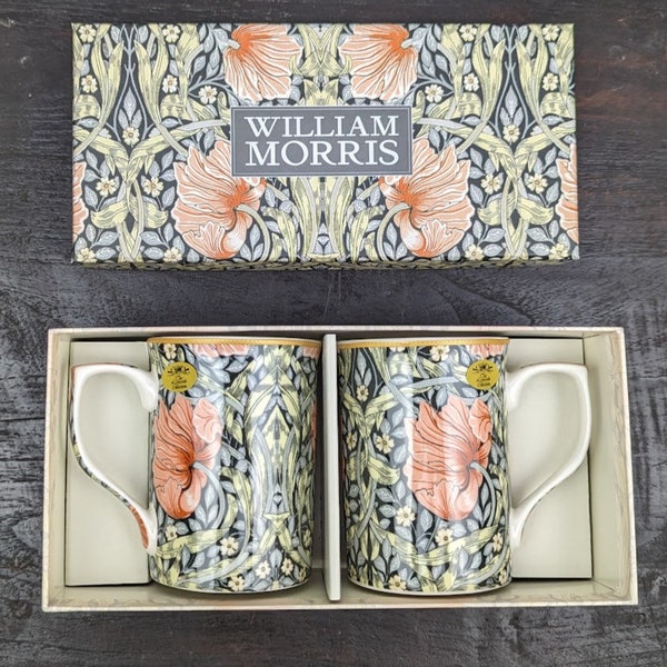 Mugs, Pimpernel, by William Morris Fine China Coffee or Tea Cups Set of 2 in Gift Boxes