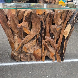 Console Table Teak Root Glass topped 120cm Assembled