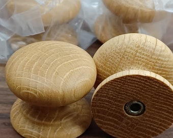 Tiradores y pomos grandes de roble macizo de 34 mm, aceitados, juego de 6 unidades