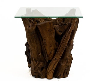 Teak root side table lamp table end table glass top