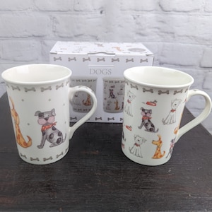 Mugs Cartoon Dogs Design, 2 in Gift Box, Fine China Coffee or Tea Cups, Leonardo Collection