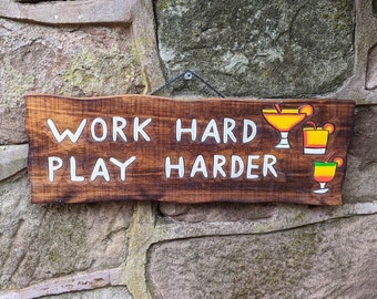Hand Painted Tiki Bar Sign: Work Hard Play Harder, Man Cave Decor