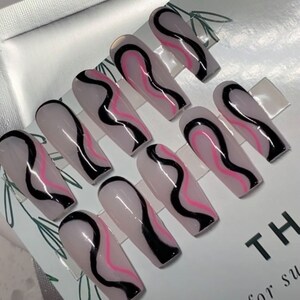 Black and Pink Abstract Line Press-On Nails
