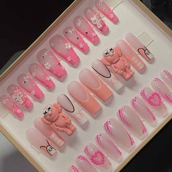 Kawaii nail charms pink box press on nails set