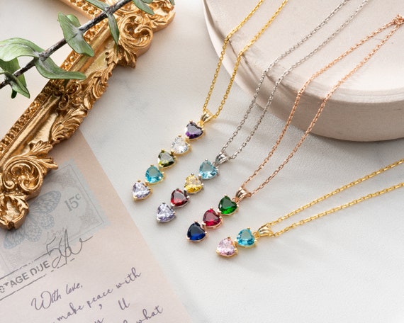 Birthstone Necklace, Family Birthstone Necklace, Christmas Gift, Heart Birthstone Necklace, Gift for Mom, Birthstone Gift, Mothers Day Gift
