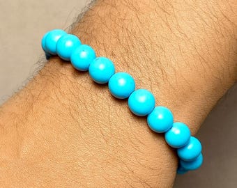 Pulsera elástica elegante de cuentas de turquesa azul de 8 mm para hombres y mujeres.