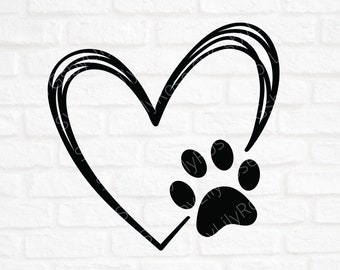 Heart with Paw Print SVG Cut File- Hand Drawn Heart with Paw Cut File- Paw Svg- Heart with Paw Print Clipart-Cricut-Silhouette-Digital Files