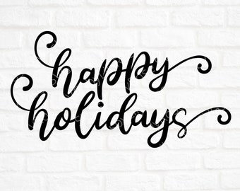 May include: Black and white cursive text that reads "happy holidays" with decorative swirls.