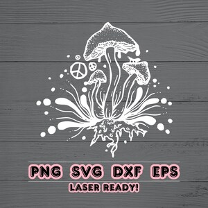 Éclaboussures de champignons SVG | Fichier de coupe de style groovy des années 70 | Signe de la paix rétro et champignons PNG | Prêt pour le laser | Sublimation | Téléchargement numérique uniquement