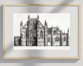 Dessin du monastère de Batalha - Art mural architecture gothique portugaise (A3)