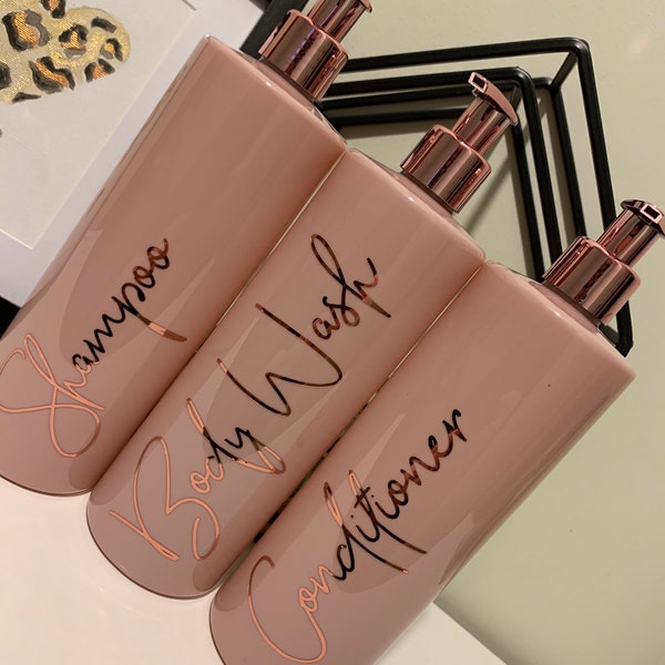 Pink and rose gold 500ml pump bottles - personalised pink bathroom bottles - Pink pump bottles