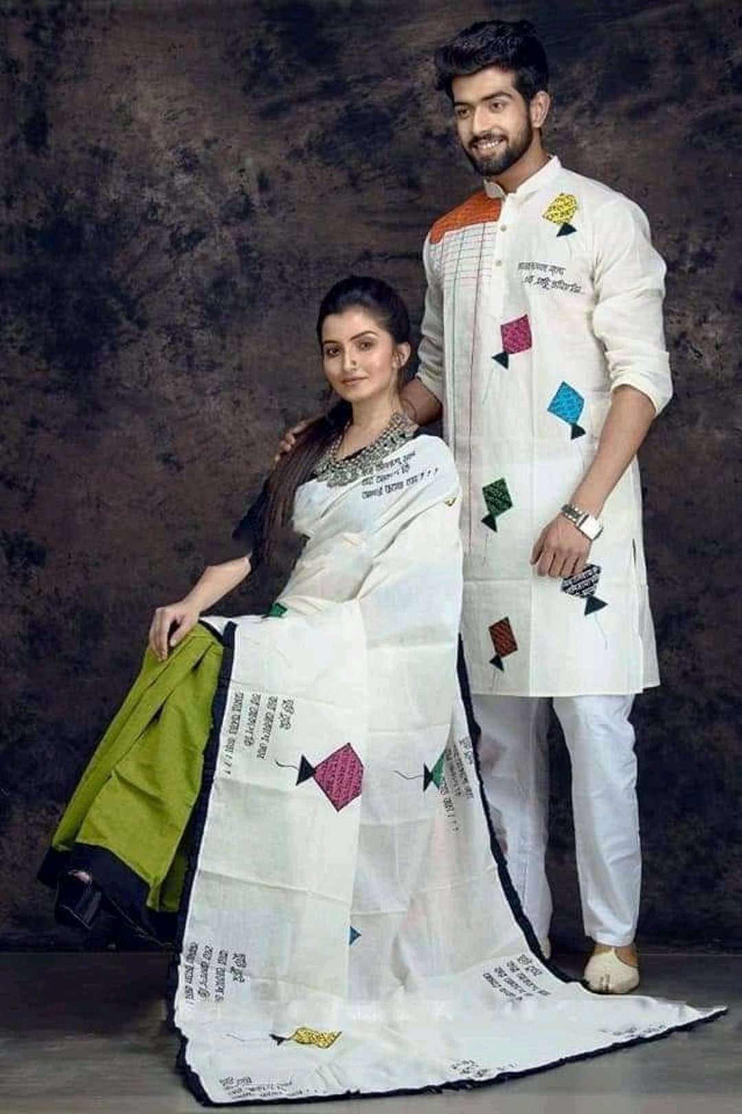 Cotton Couple Kurta and Saree Set With Blouse Piece White - Etsy UK