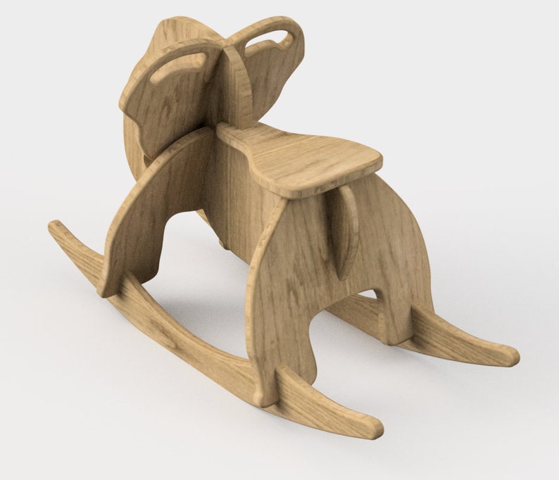May include: A wooden rocking horse toy with a natural finish. The horse has a saddle and a head with ears.