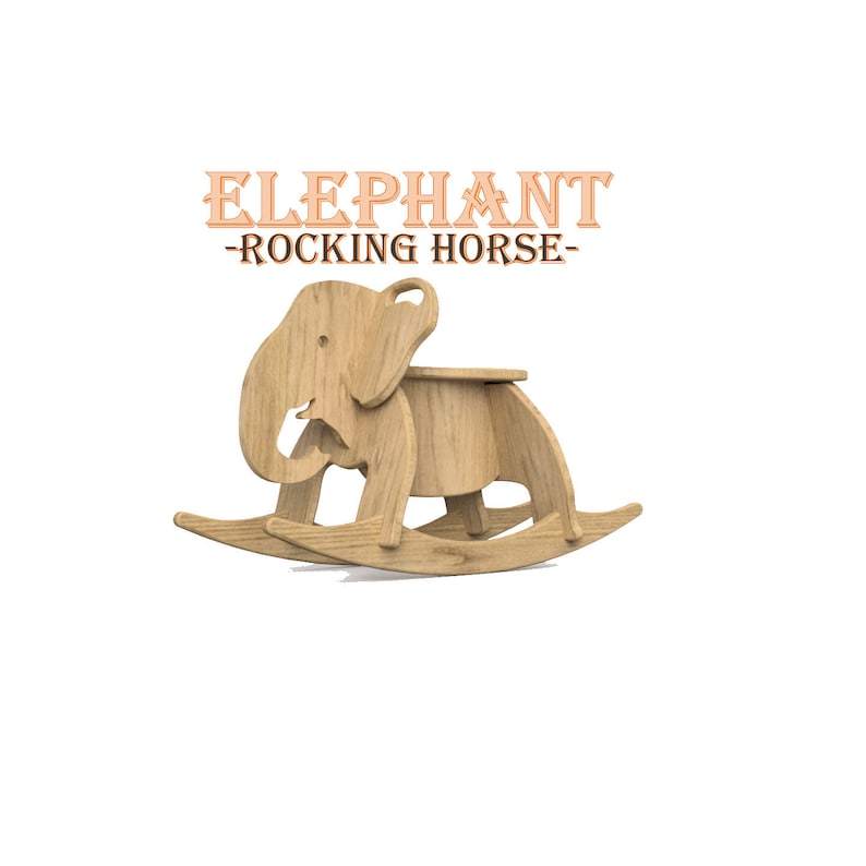 May include: Wooden rocking horse shaped like an elephant. The rocking horse is made of natural wood and has a simple design. The rocking horse is a fun and safe toy for children.