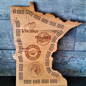Custom MN Cribbage Board with Vikings, Twins, Timberwolves, and Wild.