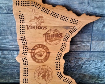 Custom MN Cribbage Board with Vikings, Twins, Timberwolves, and Wild.