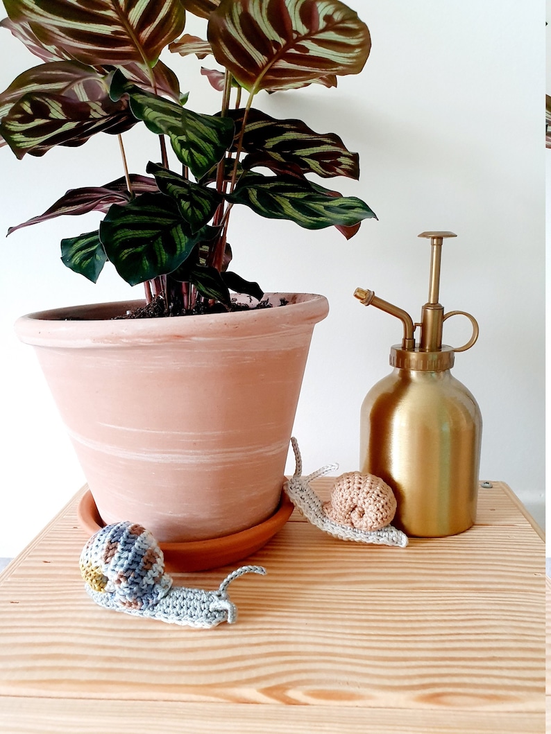 May include: Two crocheted snails, one gray and one beige, on a wooden surface next to a potted plant and a gold metal watering can.